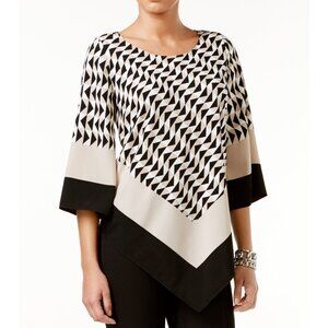 ALFANI Geometrical Print Handkerchief Top Tunic Faux Silk Color blocking 4P